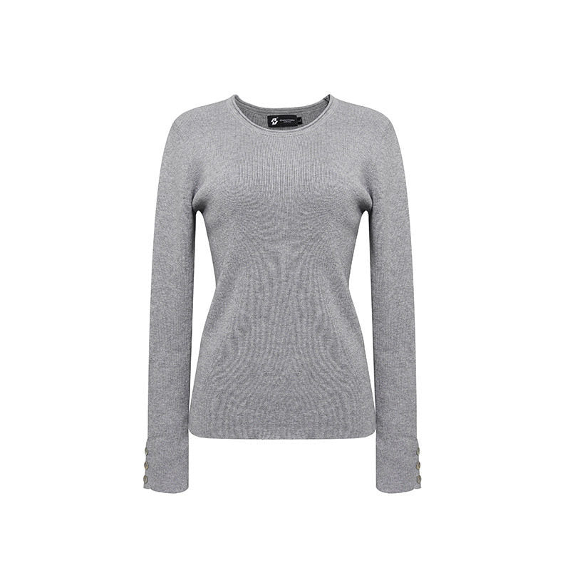 Women's fine knit sweater with round neckline, slim silhouette, and decorative button sleeves Mune Fashion