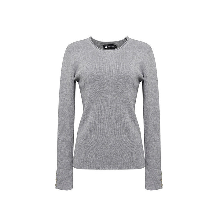 Women's fine knit sweater with round neckline, slim silhouette, and decorative button sleeves Mune Fashion