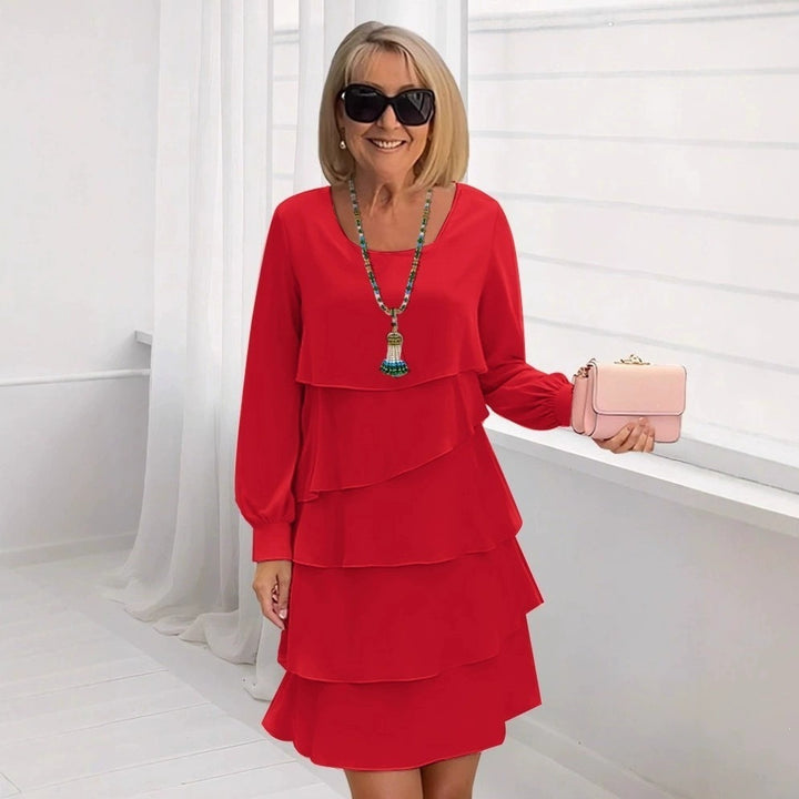 Women Elegant Tiered Midi Dress with Ruffle Layers, Round Neckline and Cuffs