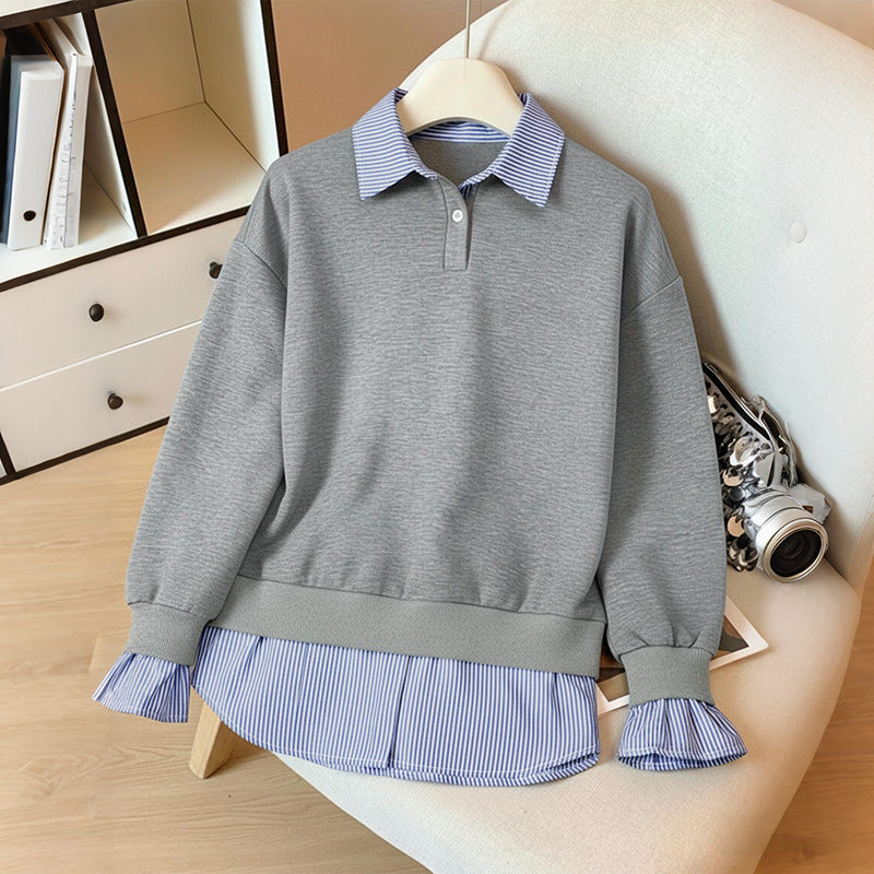 Ladies Layered-Look Sweatshirt with Integrated Shirt Hem and Ruffled Cuffs Mune Fashion