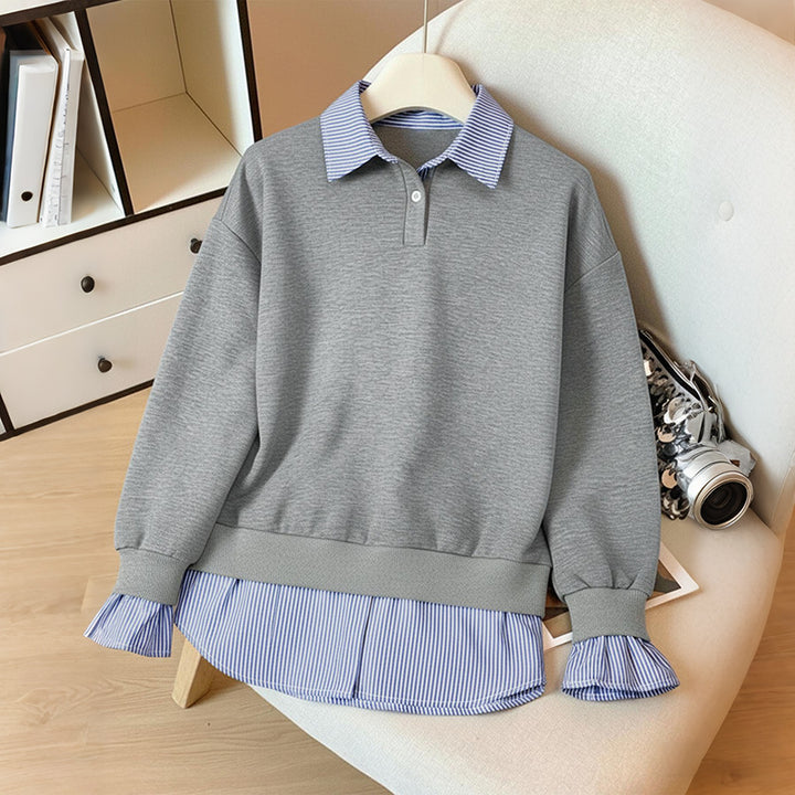 Ladies Layered-Look Sweatshirt with Integrated Shirt Hem and Ruffled Cuffs Mune Fashion