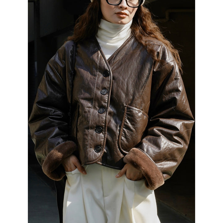 Ladies Boxy Faux Leather Jacket with Quilted Look and Teddy Lining Mune Fashion
