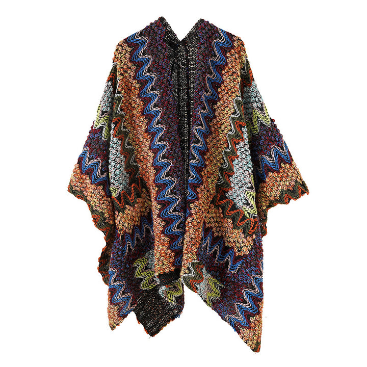 Women's Chunky Knitted Ethno-Ruana-Poncho with Zigzag Jacquard and Open Fall Mune Fashion