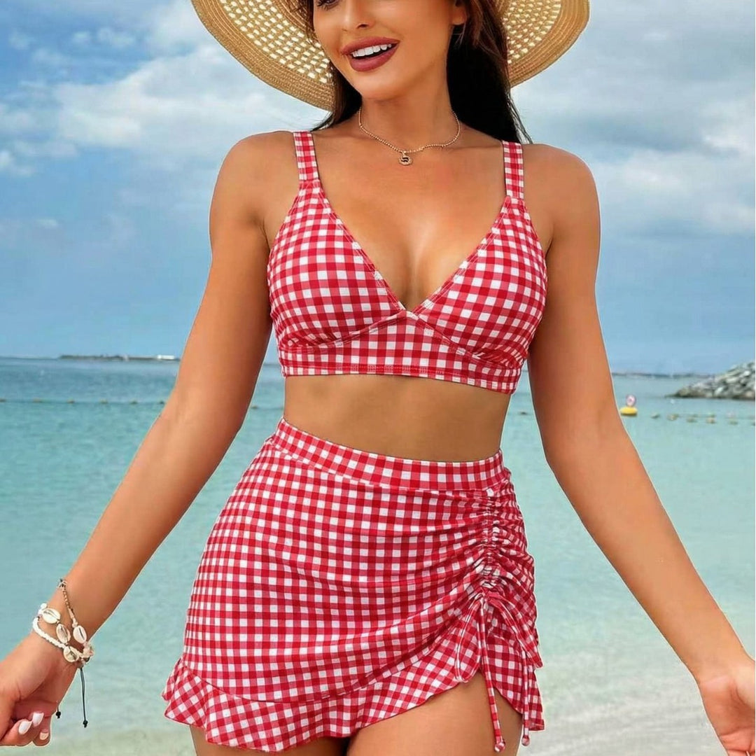 Women's Checkered Bikini Set with Playful Skirt Mune Fashion