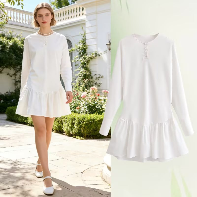 Women Loose Long Sleeve Tunic Dress with Henley Button Placket and Tiered Skirt Mune Fashion