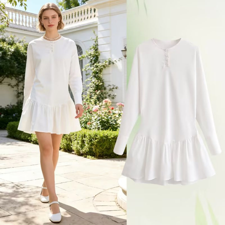Women Loose Long Sleeve Tunic Dress with Henley Button Placket and Tiered Skirt Mune Fashion