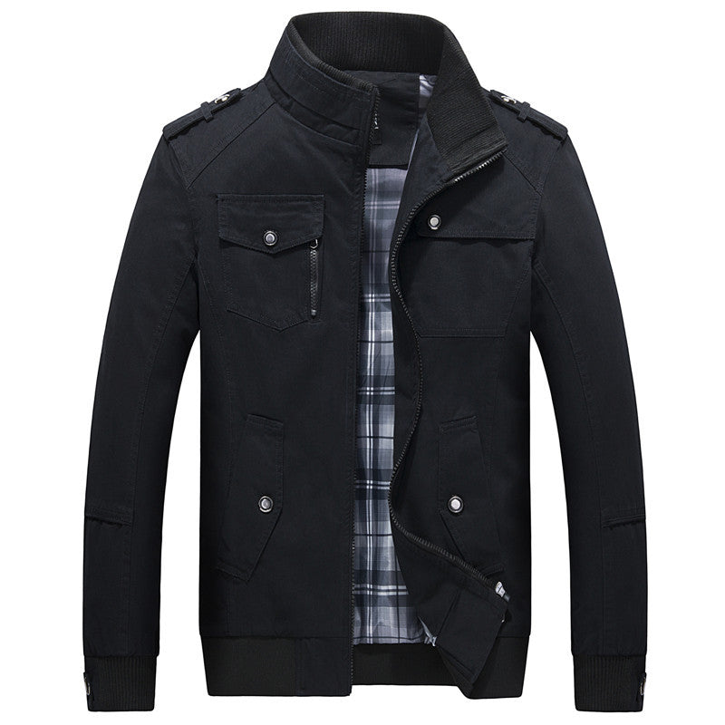 Men's transitional jacket in field style with stand-up collar, epaulettes, and checkered inner lining Mune Fashion