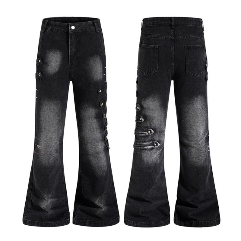 Ladies Wide Jeans Pants with Used Effect and Side Decorative Button Strips Mune Fashion