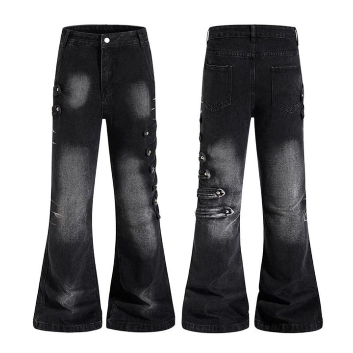 Ladies Wide Jeans Pants with Used Effect and Side Decorative Button Strips Mune Fashion