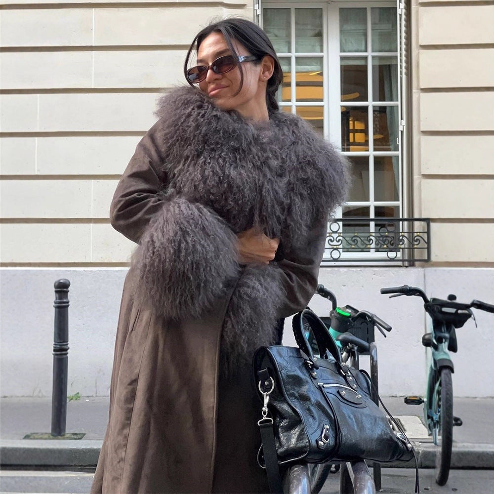 Women's coat made of suede leather look with voluminous faux fur shawl collar, fur cuffs & waist belt Mune Fashion