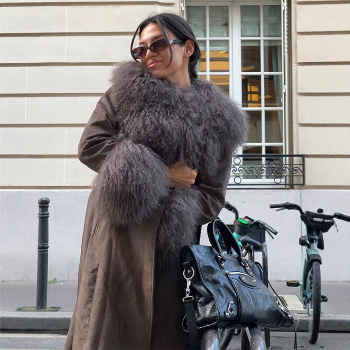 Women's coat made of suede leather look with voluminous faux fur shawl collar, fur cuffs & waist belt Mune Fashion