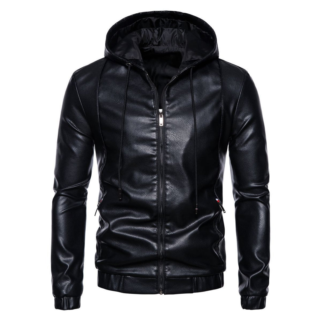 Men's Hooded Leather Jacket in Biker Style with Zipper and Slim Silhouette Mune Fashion