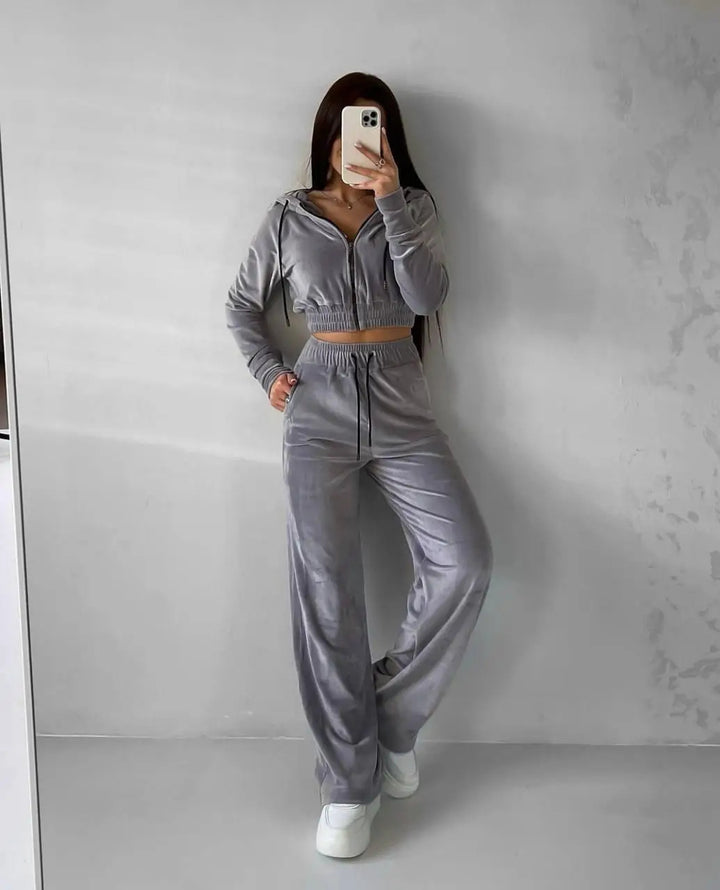 Women's Velvet Loungewear Set with Cropped Zip Hoodie and Wide Palazzo Pants Mune Fashion