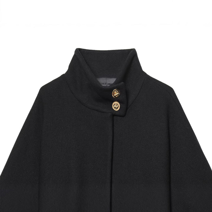 Ladies Cape Coat with Stand Collar, Tie Belt and Decorative Decorative Buttons Mune Fashion