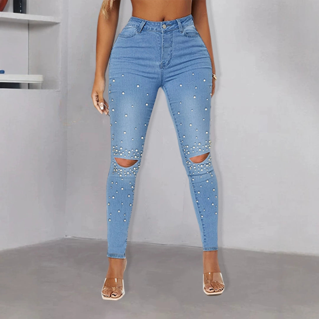 Women Tight High-Waist Skinny Jeans with Pearl Trim and Knee Cutouts Mune Fashion