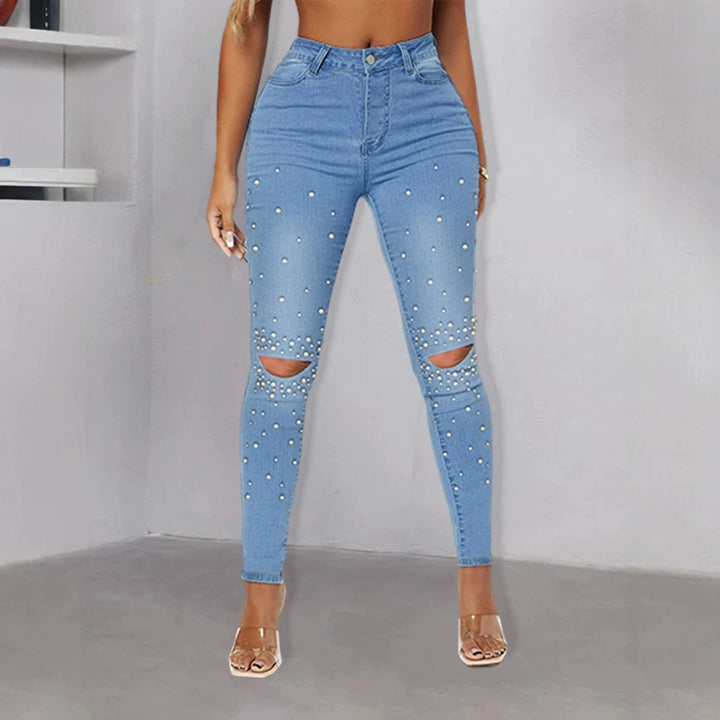 Women Tight High-Waist Skinny Jeans with Pearl Trim and Knee Cutouts Mune Fashion
