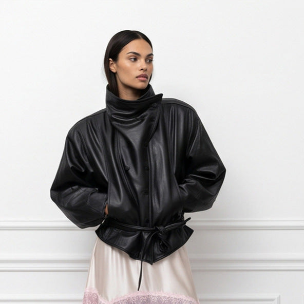 Ladies Oversize Faux Leather Bomber Jacket with High Standing Collar and Waist Belt Mune Fashion