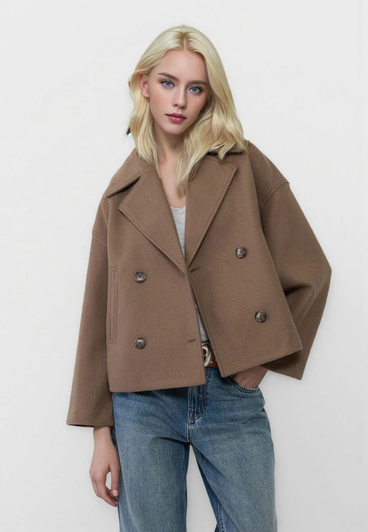 Women's Short Double-Breasted Wool Blend Coat with Oversized Lapels Mune Fashion