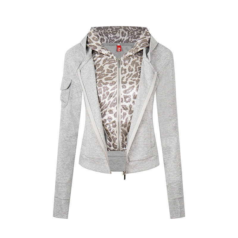 Women's Layered Look Zip Hoodie with Metallic Leopard Lining and Slim Silhouette Mune Fashion