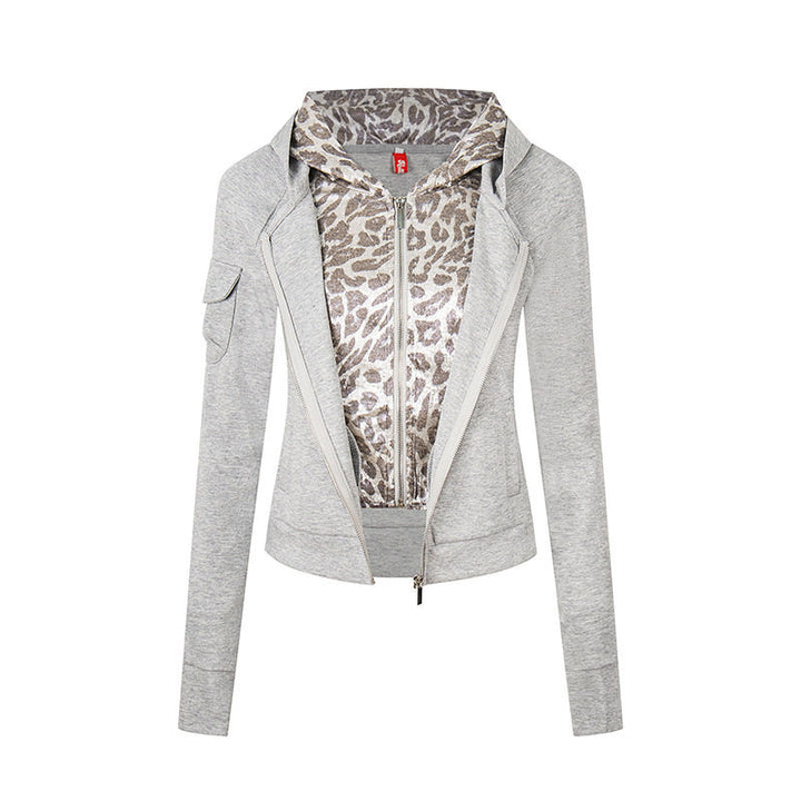 Women's Layered Look Zip Hoodie with Metallic Leopard Lining and Slim Silhouette Mune Fashion