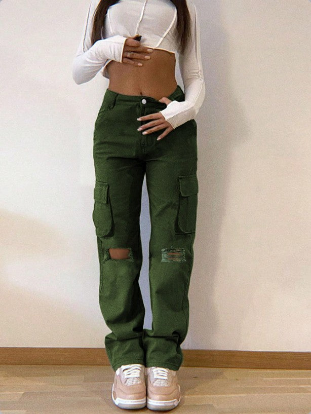 Women's cargo jeans with high waist, straight leg, knee rips, and patch cargo pockets Mune Fashion