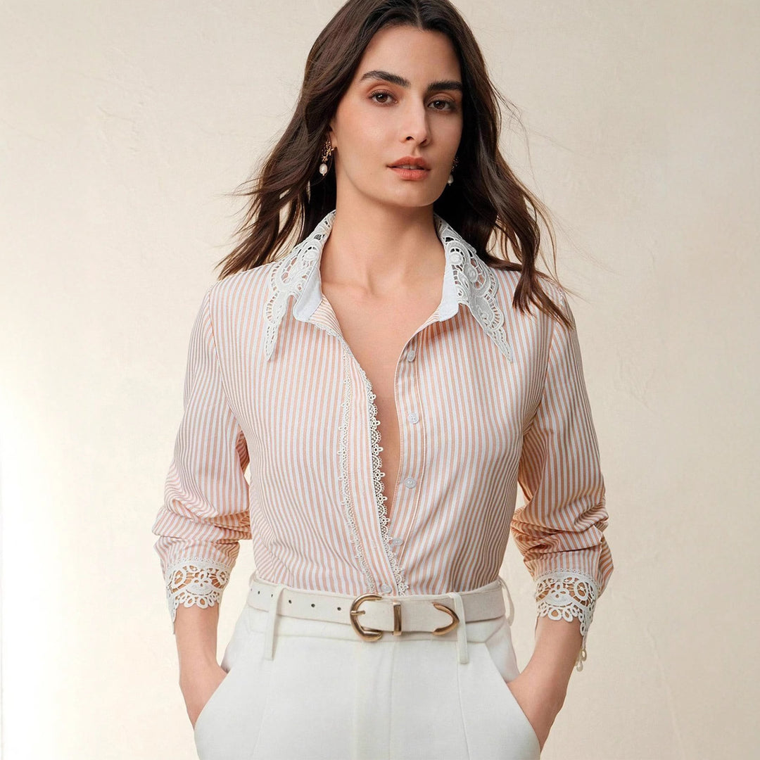 Women's Striped Blouse with Lace Collar and Lace Inserts Mune Fashion