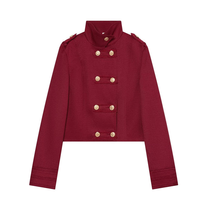 Women's Cropped Uniform Jacket in Military Style with Stand-up Collar and Decorative Button Placket Mune Fashion