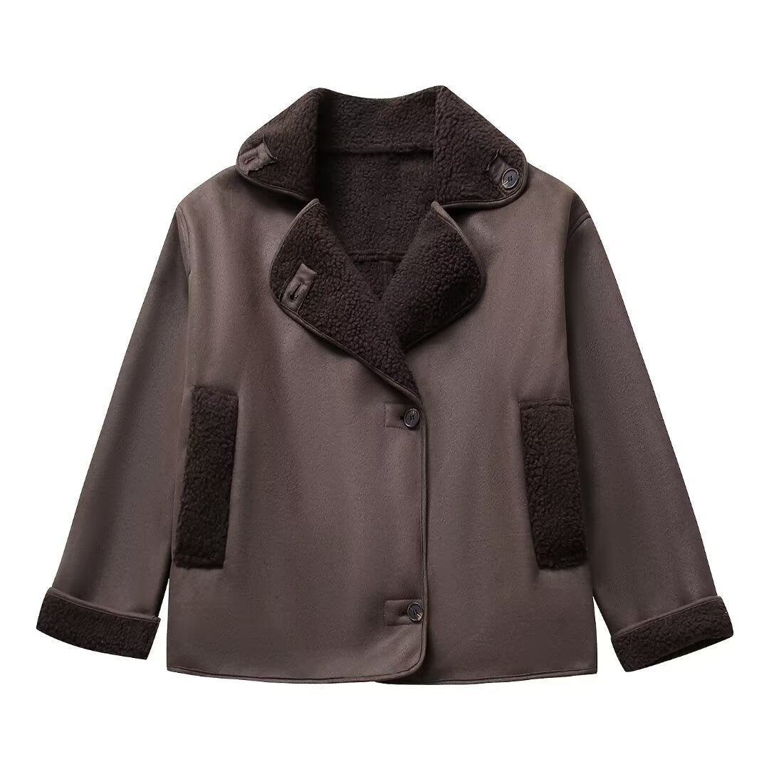 Ladies nan short winter jacket with soft teddy lining, wrap collar and button placket Mune Fashion