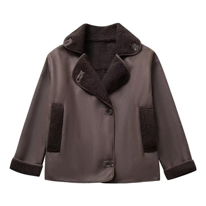 Ladies nan short winter jacket with soft teddy lining, wrap collar and button placket Mune Fashion