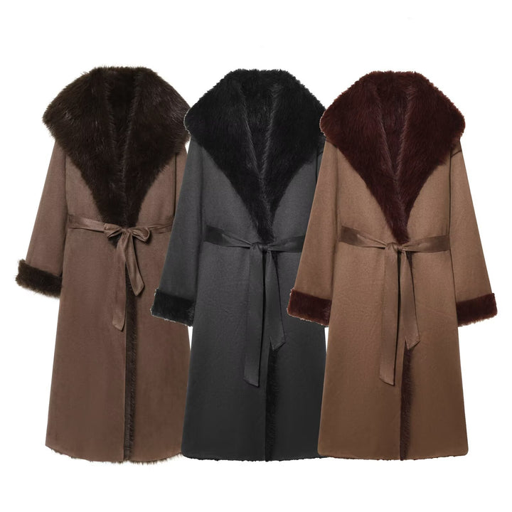 Women longer coat with faux fur trim and tie belt Mune Fashion