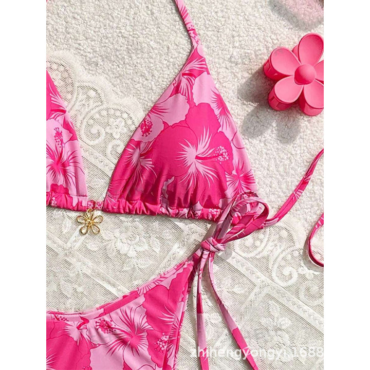 Women's Triangle Bikini with Floral Patterns and Fine Ties Mune Fashion