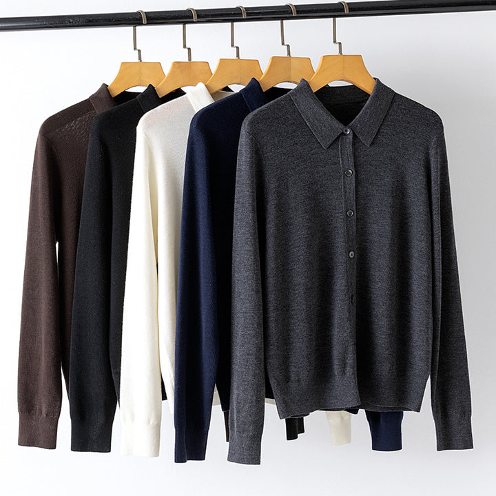 Women's Fine Button Cardigan with Shirt Collar and Fine Knit Mune Fashion