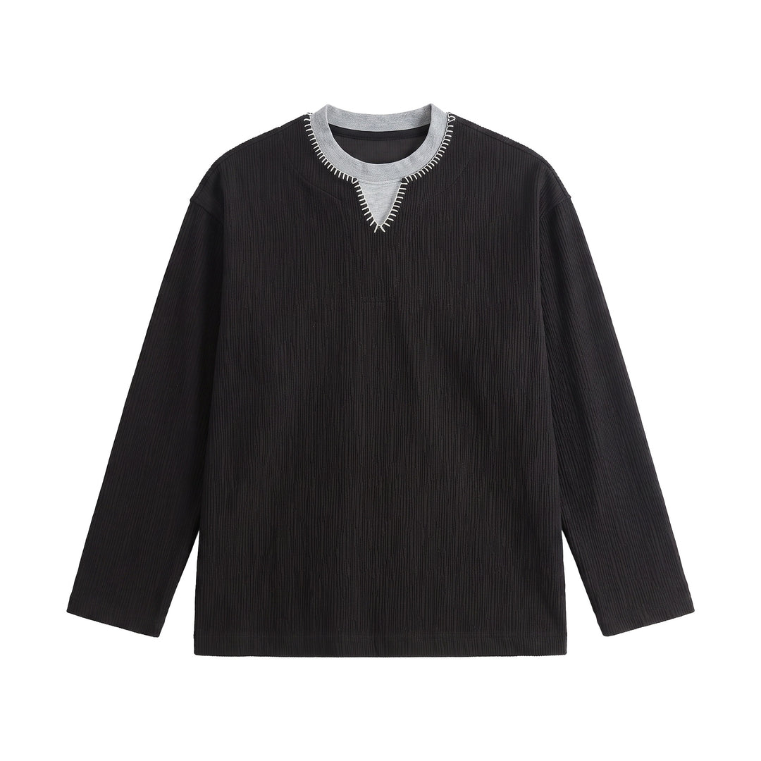 Men's Textured Sweatshirt Pullover with Layered Collar and Decorative Decorative Seam Mune Fashion