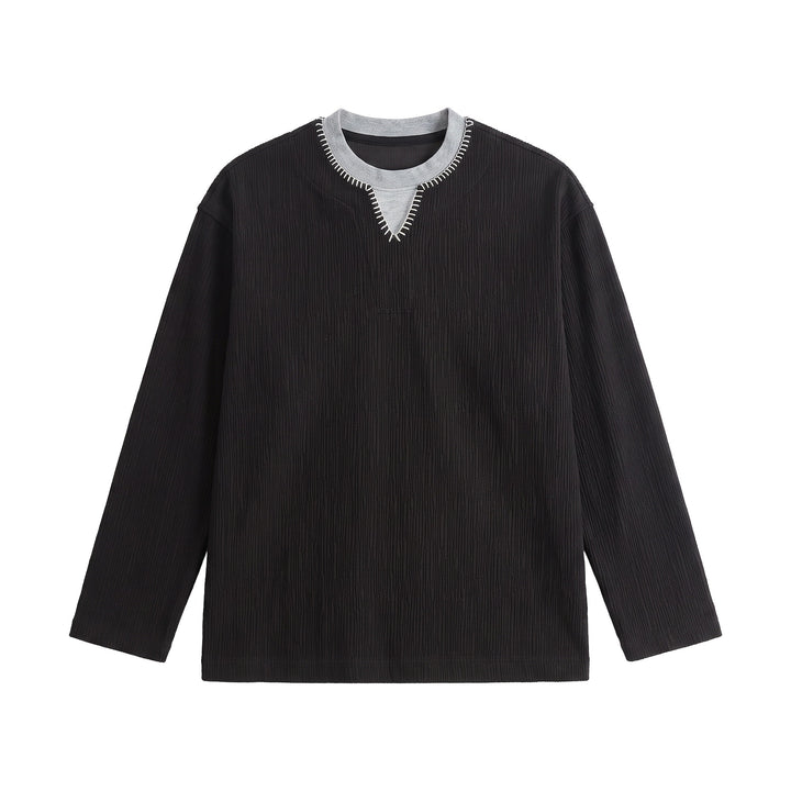 Men's Textured Sweatshirt Pullover with Layered Collar and Decorative Decorative Seam Mune Fashion