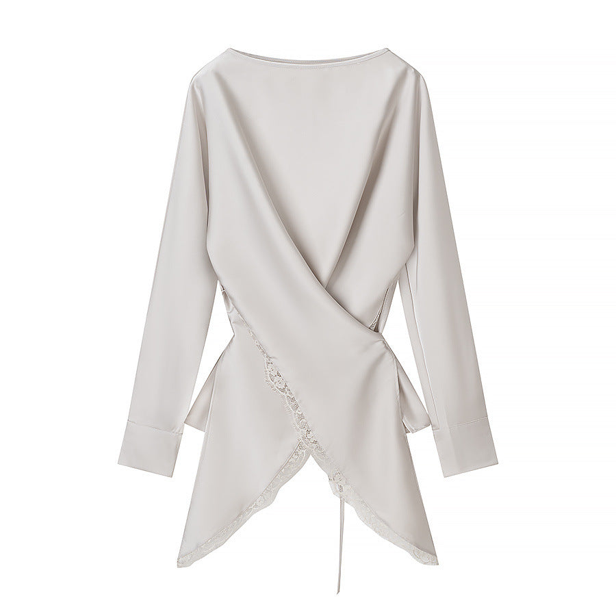Women Two-Piece Satin Set with Wrap Blouse and Midi Skirt with Lace Trim Mune Fashion