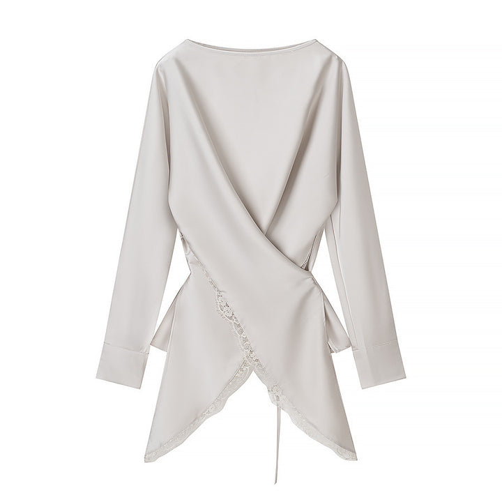Women Two-Piece Satin Set with Wrap Blouse and Midi Skirt with Lace Trim Mune Fashion