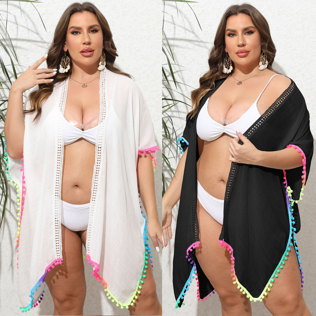 Women's Beach Cover-Up with Colorful Pom-Pom Trim Mune Fashion