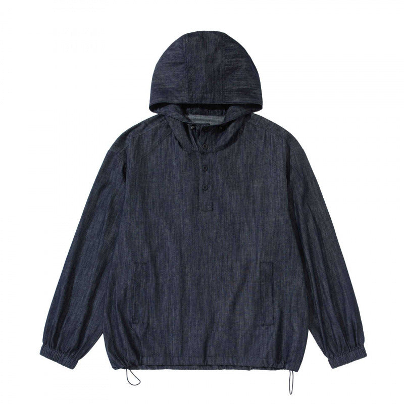 Unisex Denim-Blend Hooded Pullover in Overshirt Style with Henley Button Placket Mune Fashion