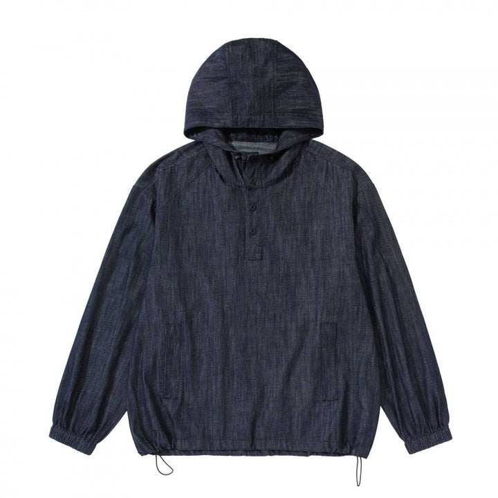 Unisex Denim-Blend Hooded Pullover in Overshirt Style with Henley Button Placket Mune Fashion