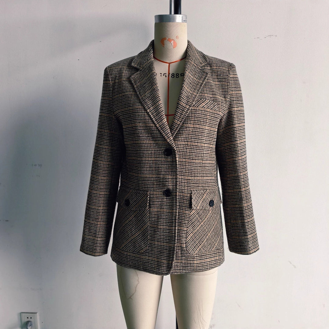 Women's Glencheck Blazer with Notch Lapels, Patch Pockets and Tailored Silhouette Mune Fashion