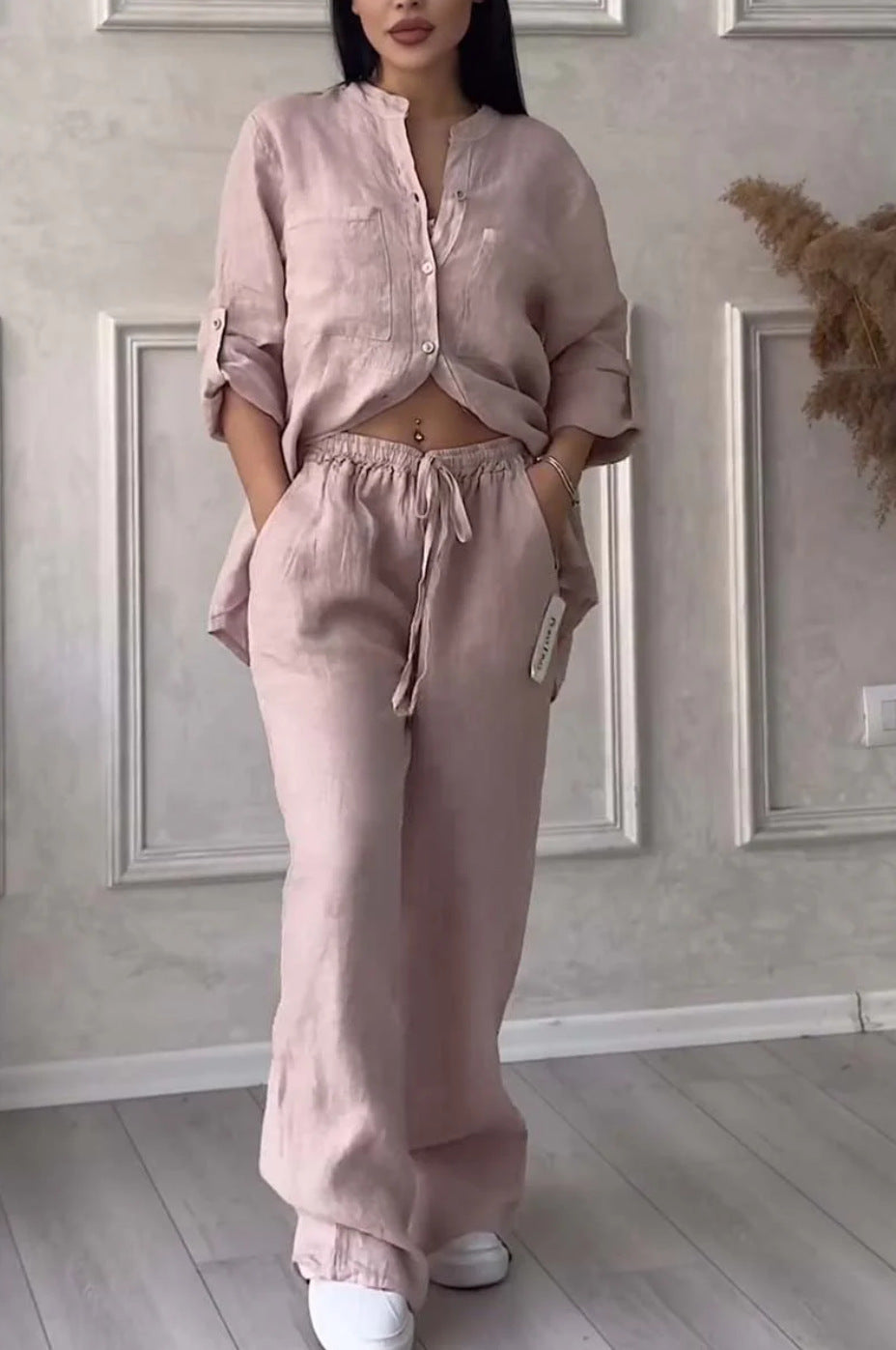 Women's casual linen two-piece set with loose shirt blouse, patch breast pockets, and elastic drawstring waistband Mune Fashion