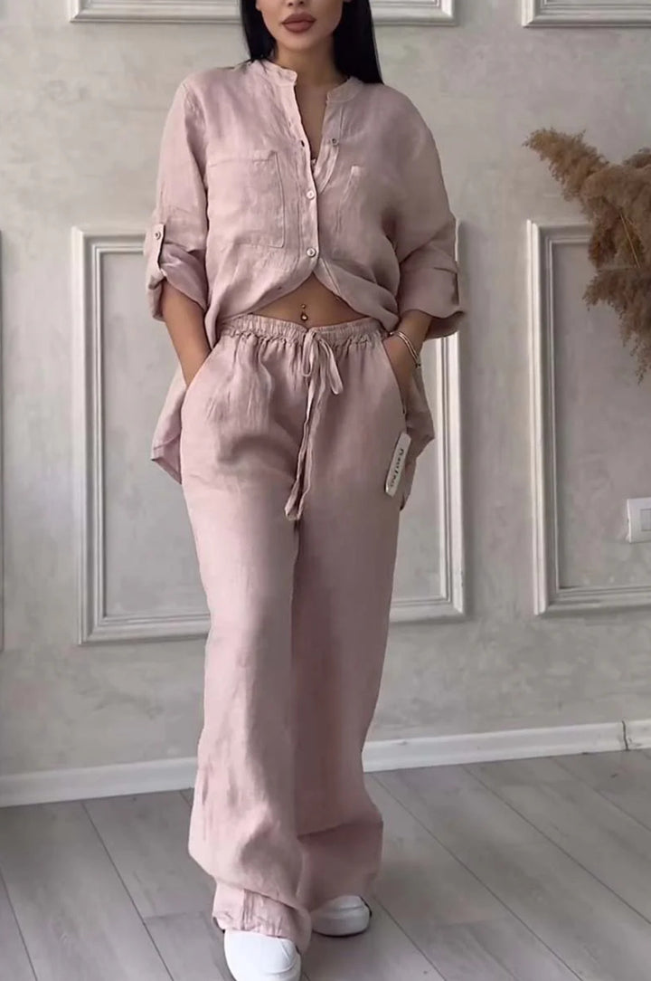 Women's casual linen two-piece set with loose shirt blouse, patch breast pockets, and elastic drawstring waistband Mune Fashion