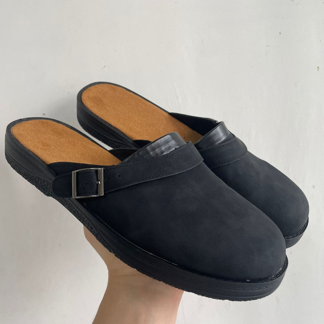 Women's faux leather slide with adjustable buckle strap and cushioned comfort footbed Mune Fashion