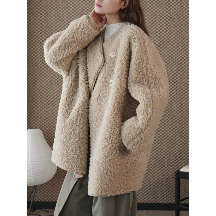 Women Short Jacket Teddy Fleece with Button Front and Contrasting Edge Finish Mune Fashion