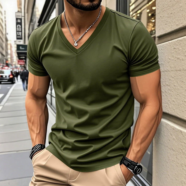 Men's classic V-neck T-shirt made of fine cotton jersey with reinforced neckband and double stitching Mune Fashion