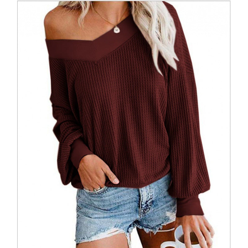 Women Loose Waffle Knit Sweater with Wide Off-Shoulder Neckline and Oversized Cut Mune Fashion