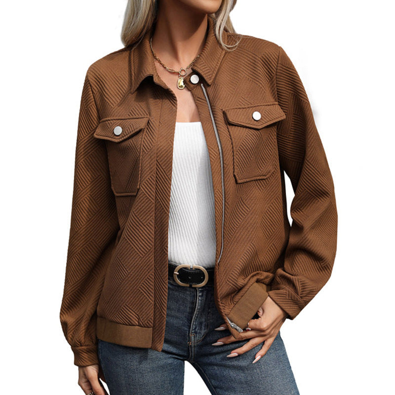 Women's Quilted Transitional Shacket with Flap Pockets, Zipper and Textured Jacquard Fabric