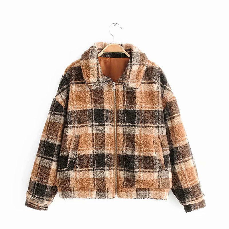 Women Checked Teddy Jacket with Zipper, Oversized Cut and Faux Fur Lining Mune Fashion