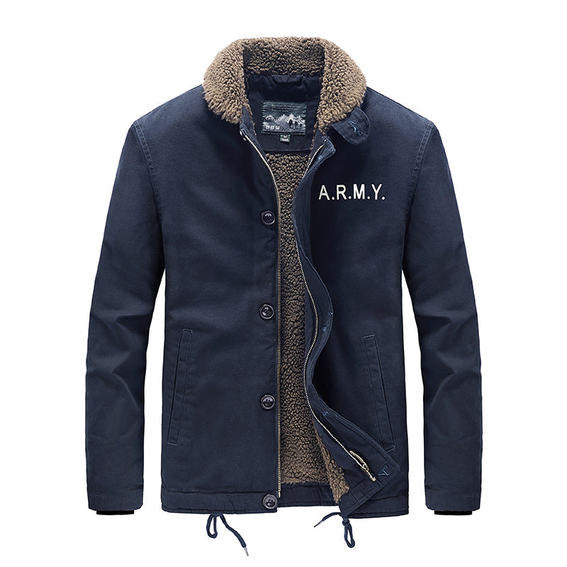 Men's padded field jacket with teddy lining, concealed two-way zipper and drawstring hem.