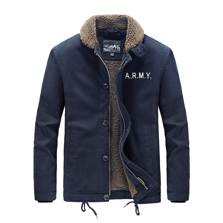 Men's padded field jacket with teddy lining, concealed two-way zipper and drawstring hem.